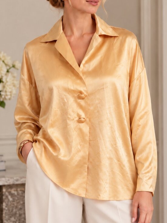 St. John Tops - St. John Vintage 100% Silk Gold Oversized Blouse Jacket Metal Buttons Size 8